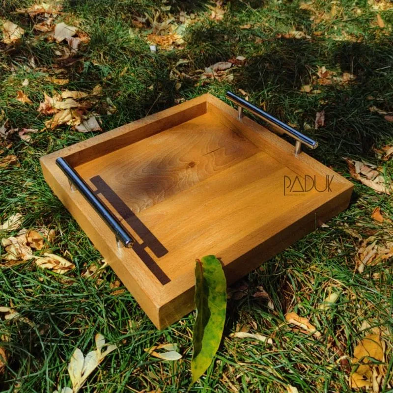 سینی چوبی دسته استیل مربعی