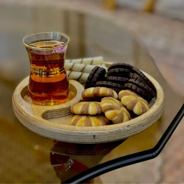 زیر لیوانی گرد چوبی با جای شیرینی